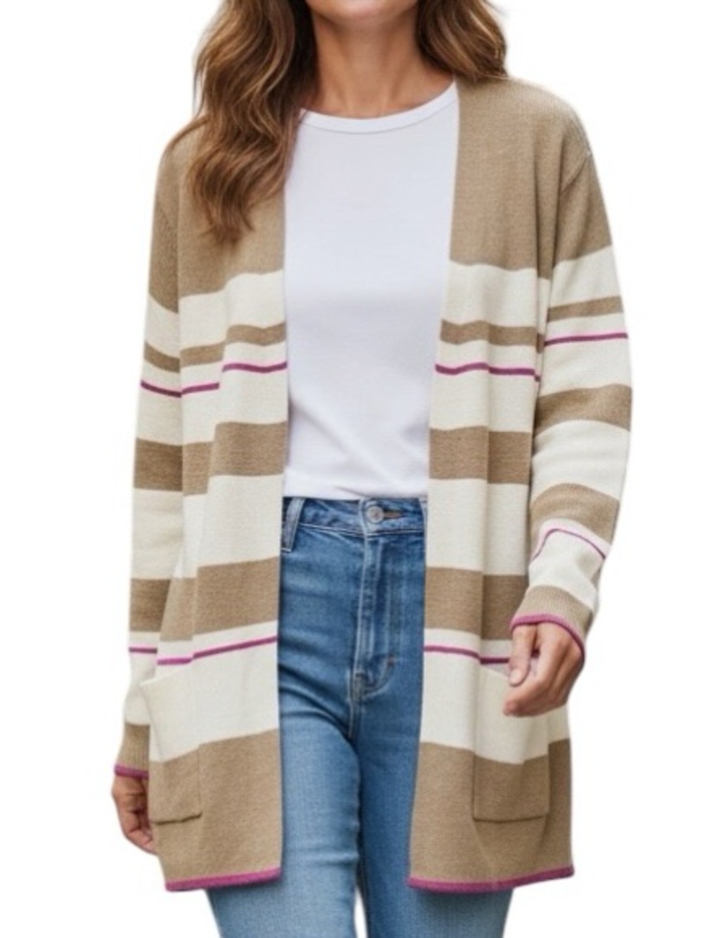 kathy ireland Beige Cream Striped Open-Front Cardigan Size Large NWT Pockets